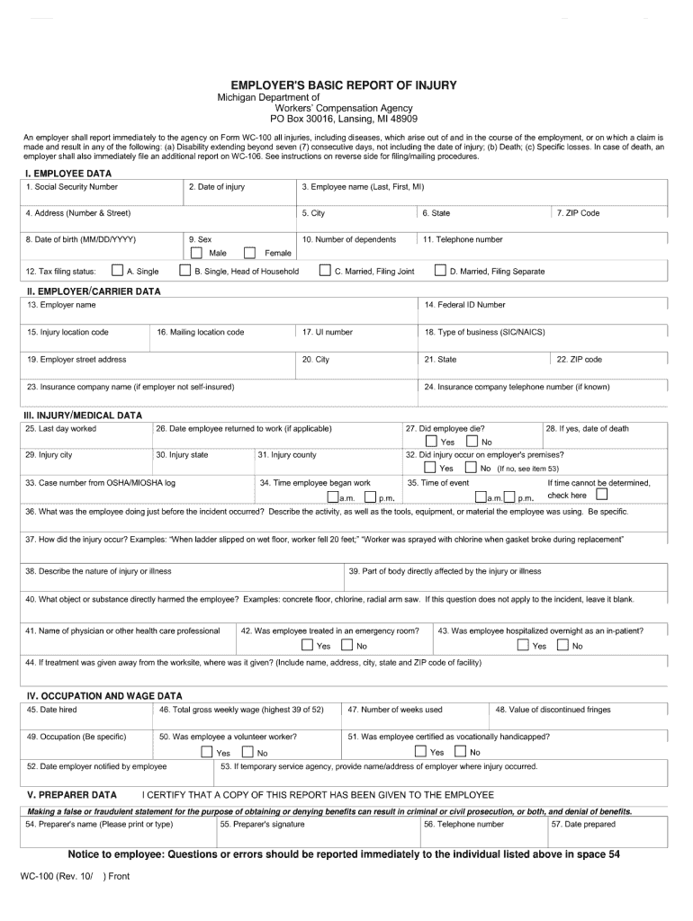  Employers Basic Report of Injury Form 2011-2024