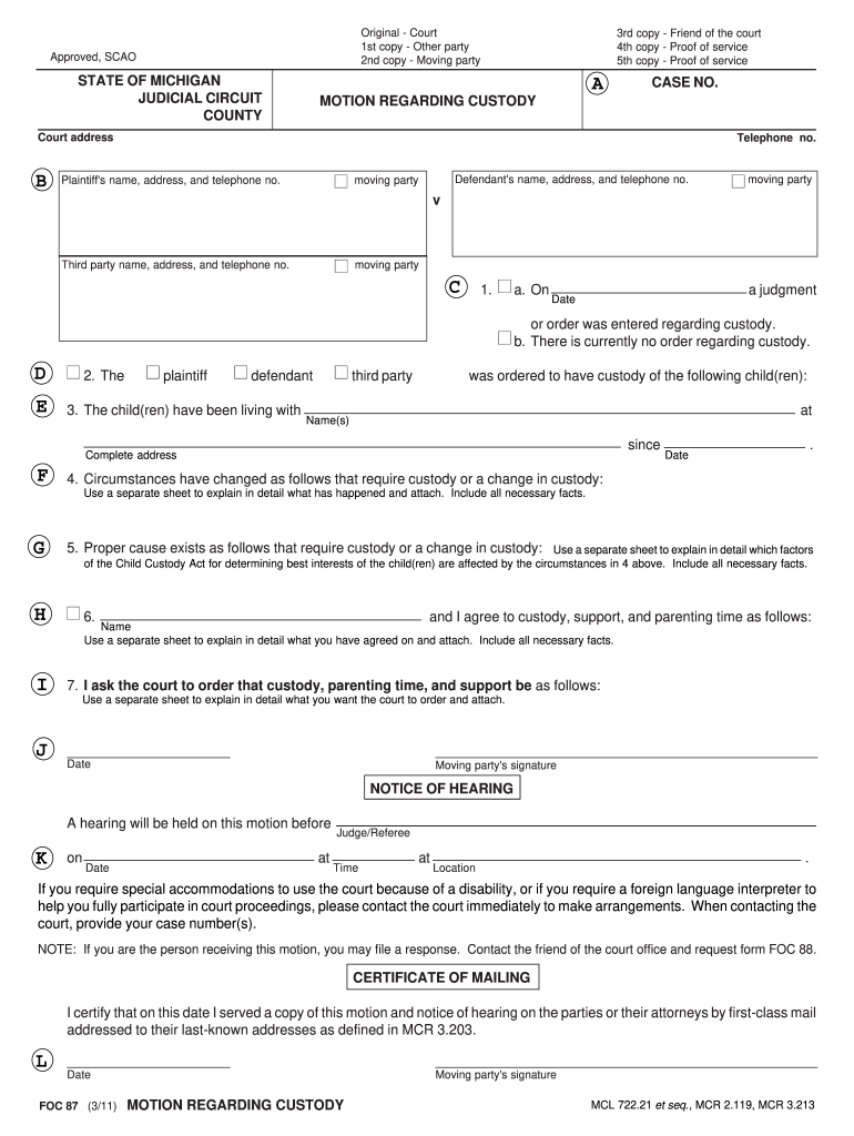  Emergency Ex Parte Motion Michigan Form 2011