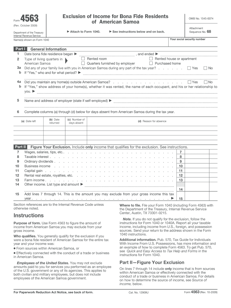 Form 4563 Rev October  Exclusion of Income for Bona Fide Residents of American Samoa