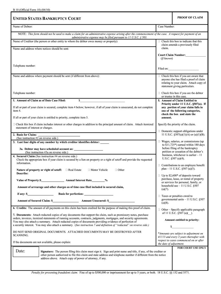  Proof of Claim Form 2013