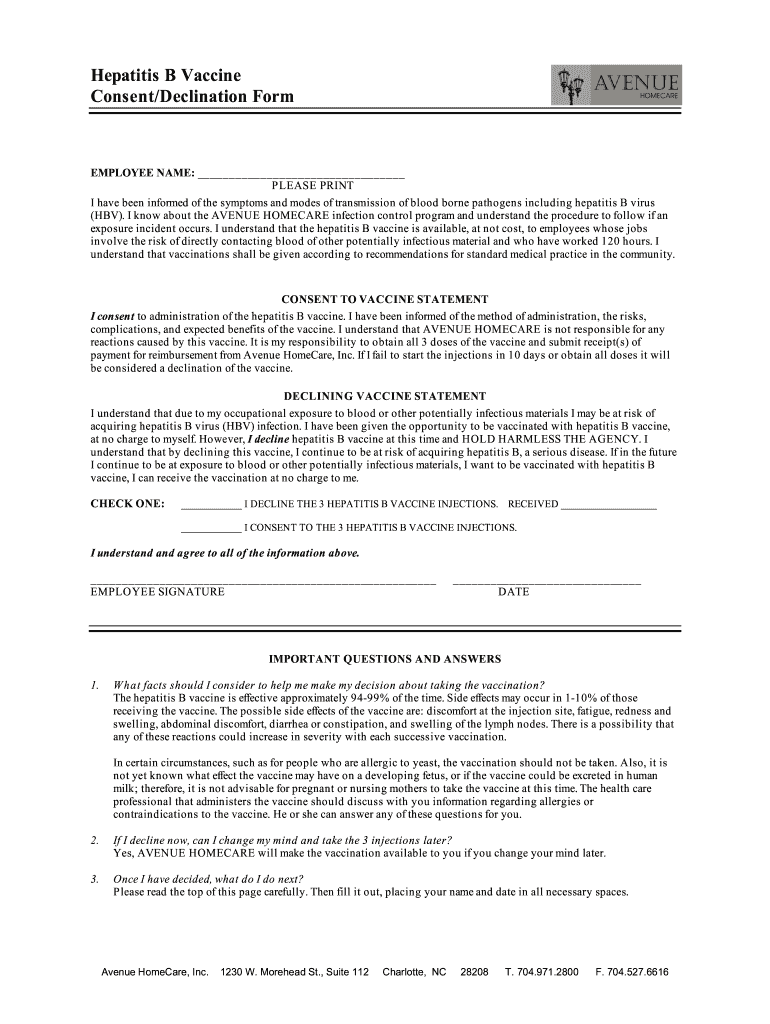 Hepatitis B Consent Form Osha