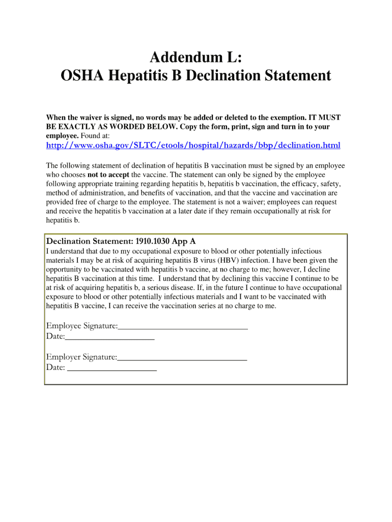 Get and Sign Hepatitis B Declination Form Osha Dental