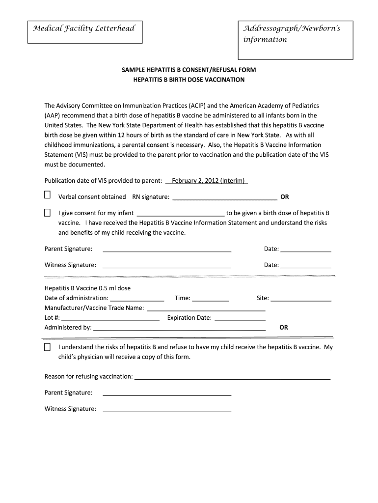 Hepatitis B Vaccine Documentation Form