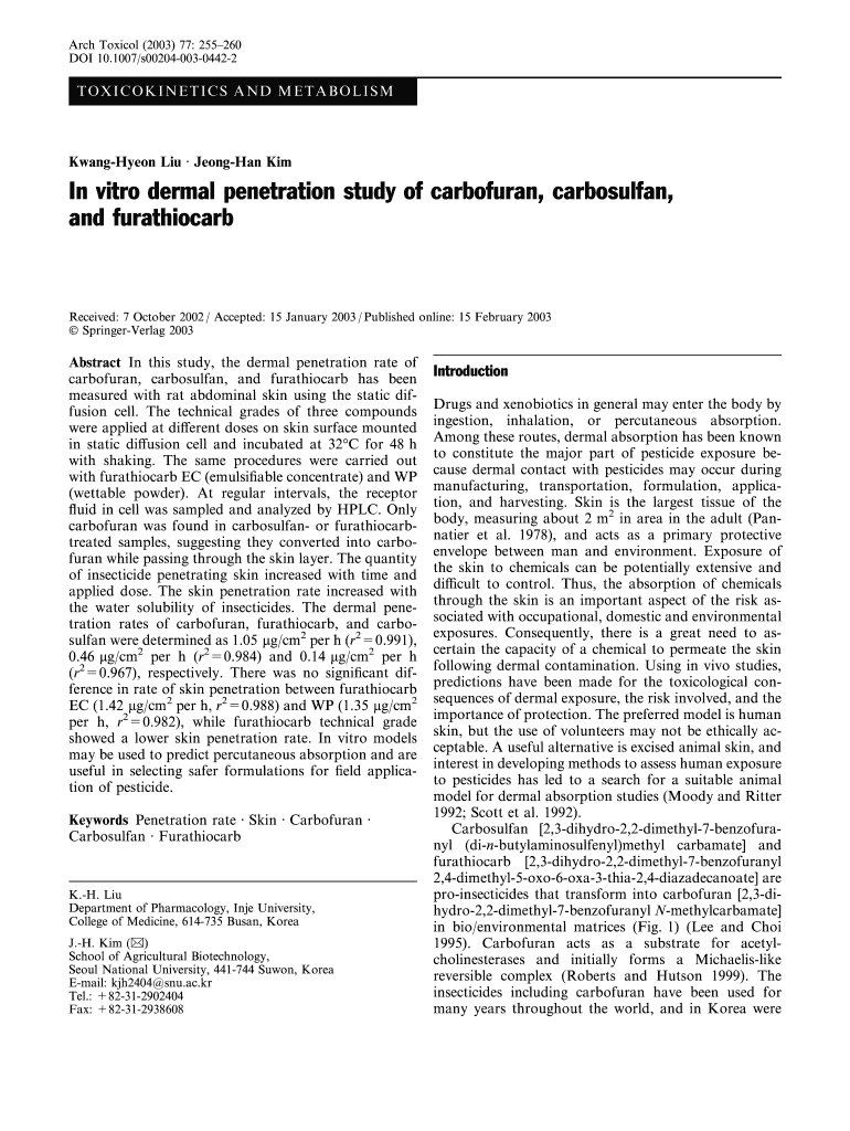 In Vitro Dermal Penetration Study of Carbofuran, Carbosulfan, and    Acdrupal Evergreen  Form