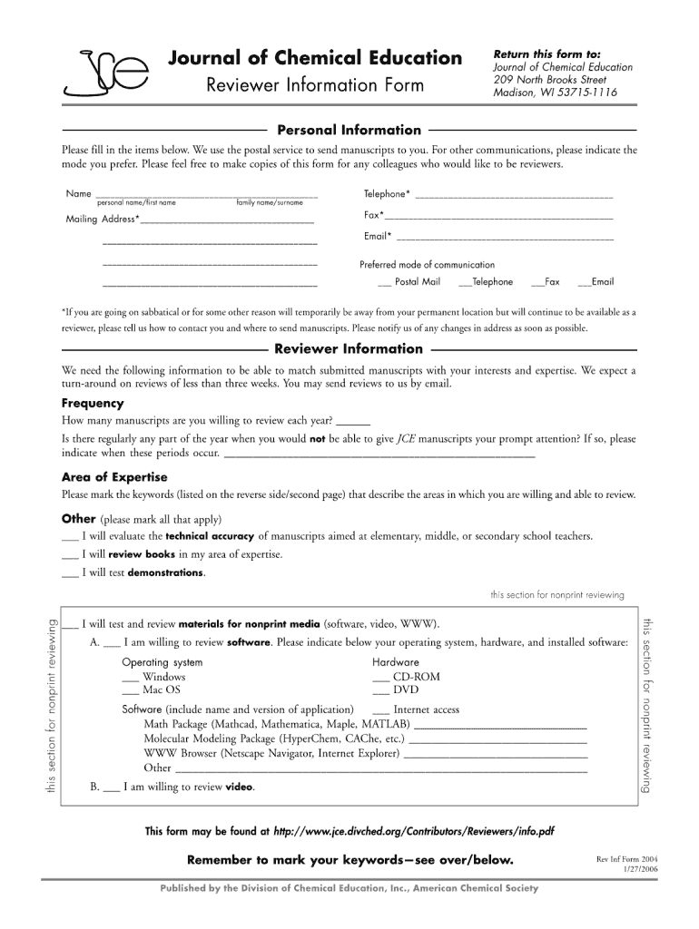 Journal of Chemical Education Reviewers Form