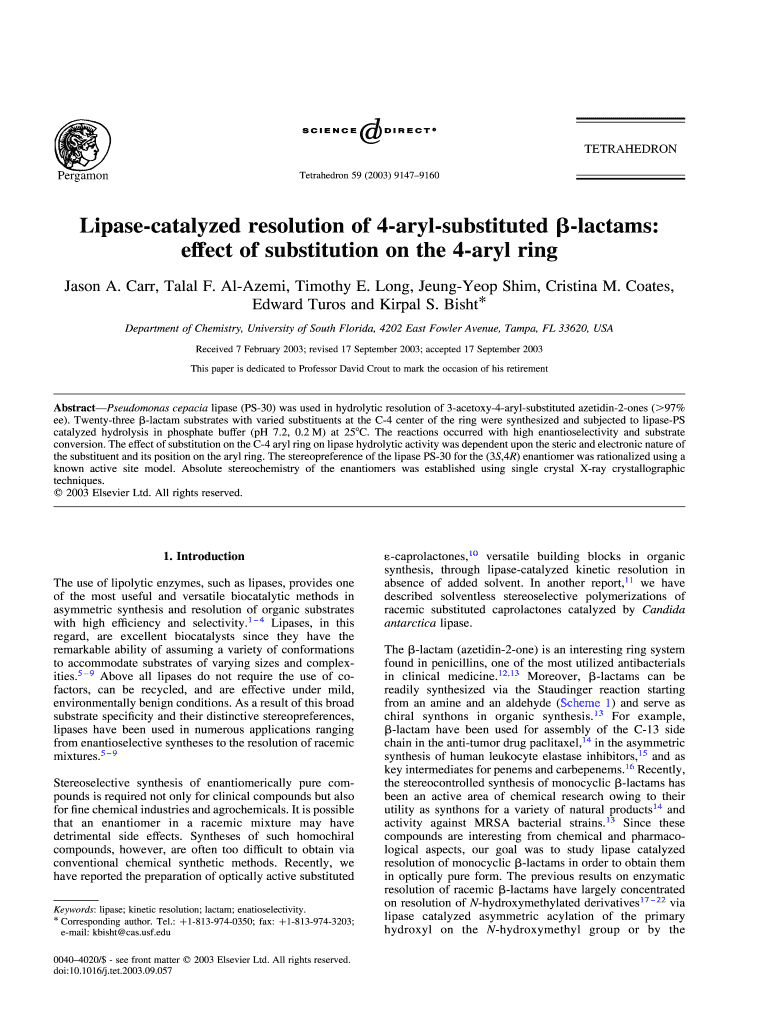 Lipase Catalyzed Resolution of 4 Aryl Substituted B Lactams Effect of    Carr Group  Form