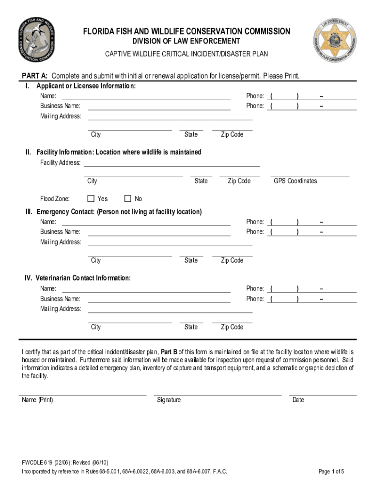  Florida Captive Wildlife Critical Incident Disaster Plan Form 2010-2024