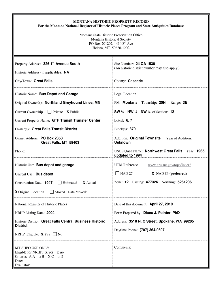 MONTANA HISTORIC PROPERTY RECORD for the Montana  Form