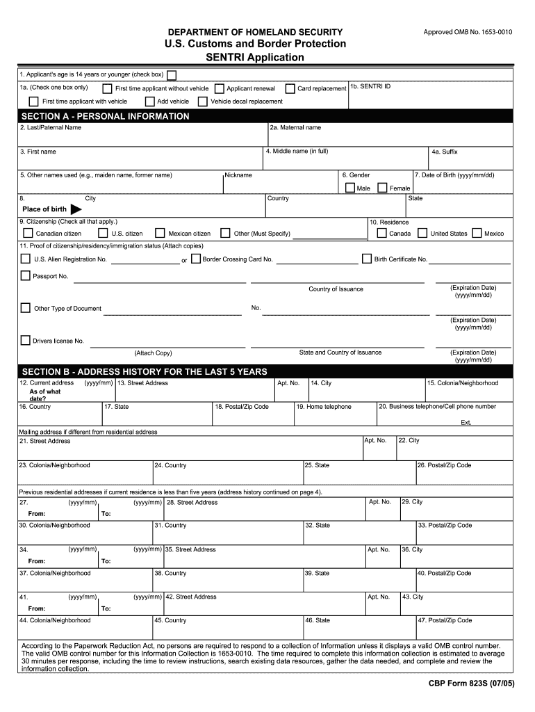  Cbp Form 823s Sentri Application 2005