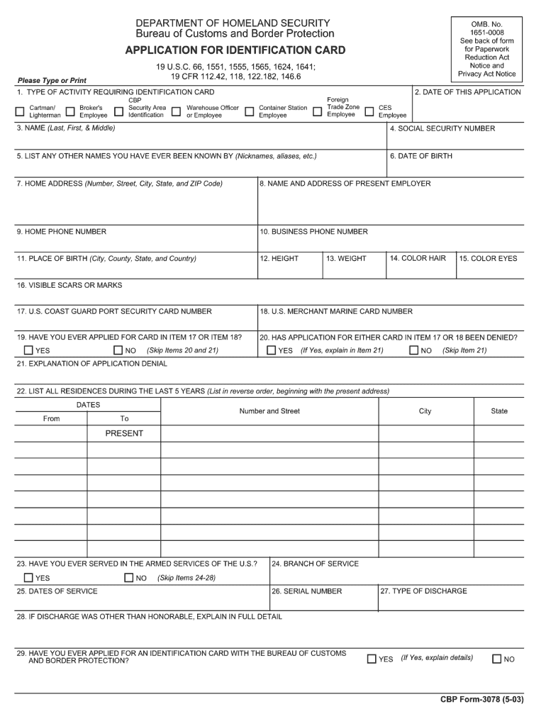  Cbp Form 3078 Application for Identification Card 2019