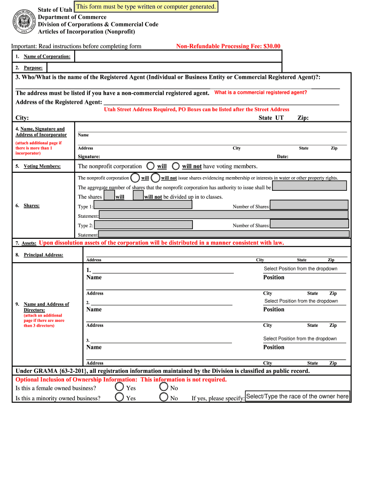 Utah Articles Incorporation Nonprofit  Form