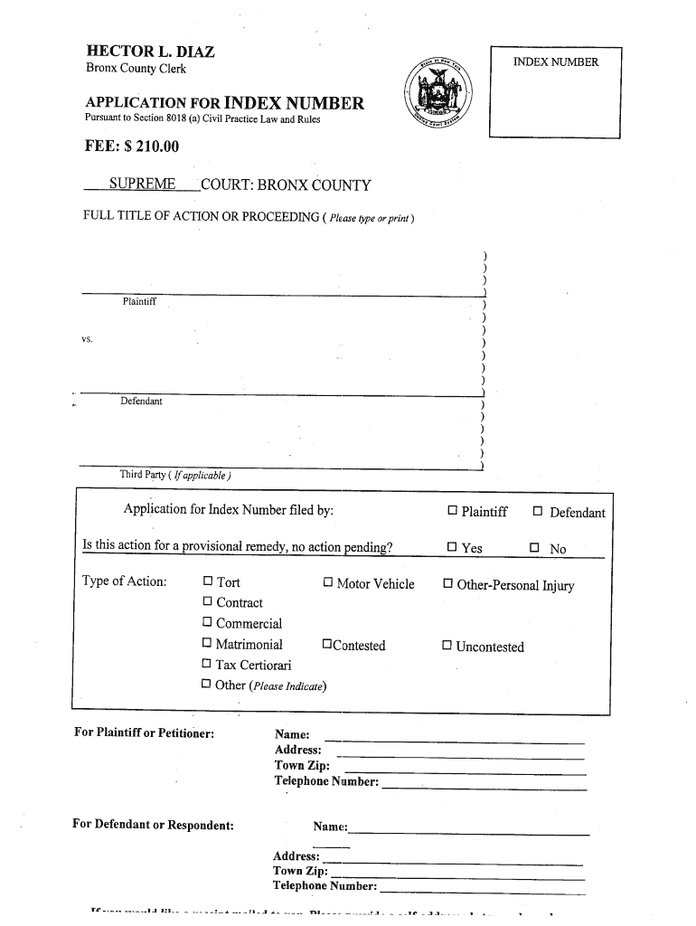 Bronx County Index Number Application  Form