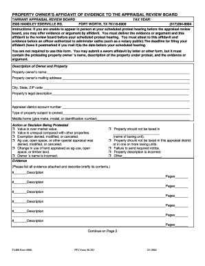 Property Owners Affidavit of Evidence to the Appraisal Review Board Form