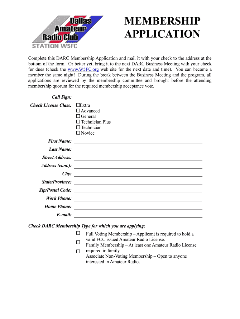 Membership Application PDF  Dallas Amateur Radio Club  W5fc  Form