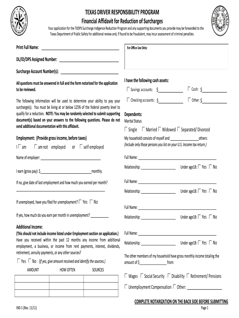  Texas Driver Responsibility Program Financial Affidavit Form 2011
