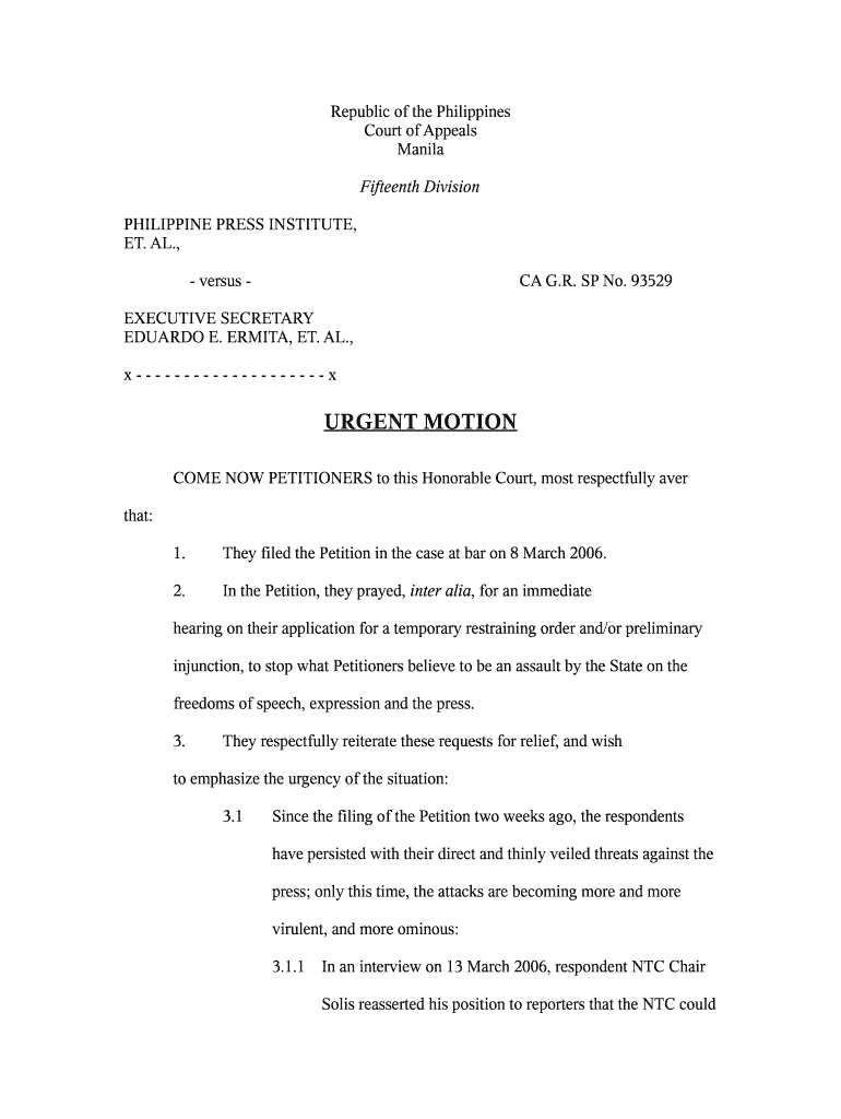 Temporary Restraining Order Philippines Sample  Form