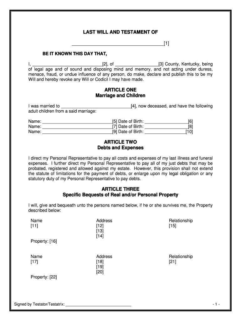 Kentucky Legal Last Will and Testament Form for a Widow or Widower with Adult Children