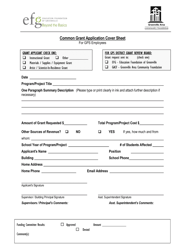 Common Grant Application Cover Sheet  Efgmi Com  Form