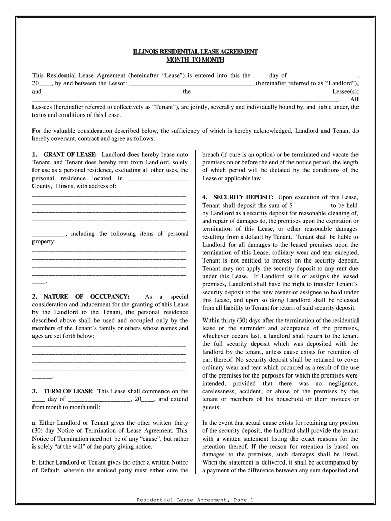 Fillable Lease Agreement Illinois  Form