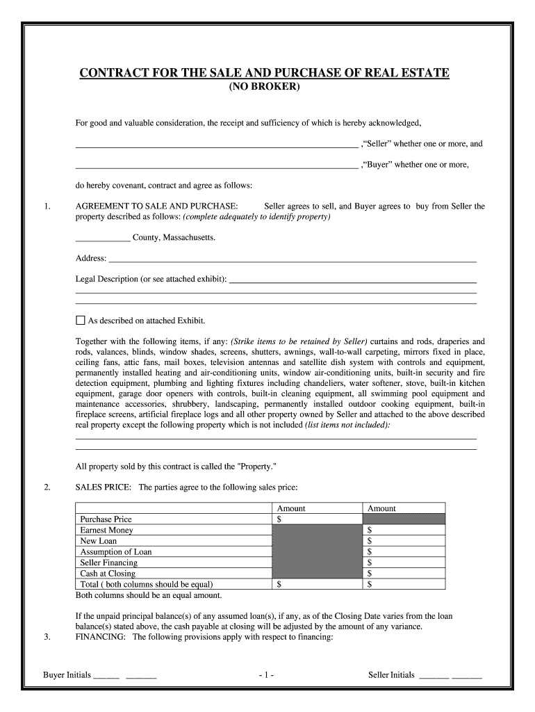 Massachusetts Contract for Sale and Purchase of Real Estate with No Broker for Residential Home Sale Agreement  Form