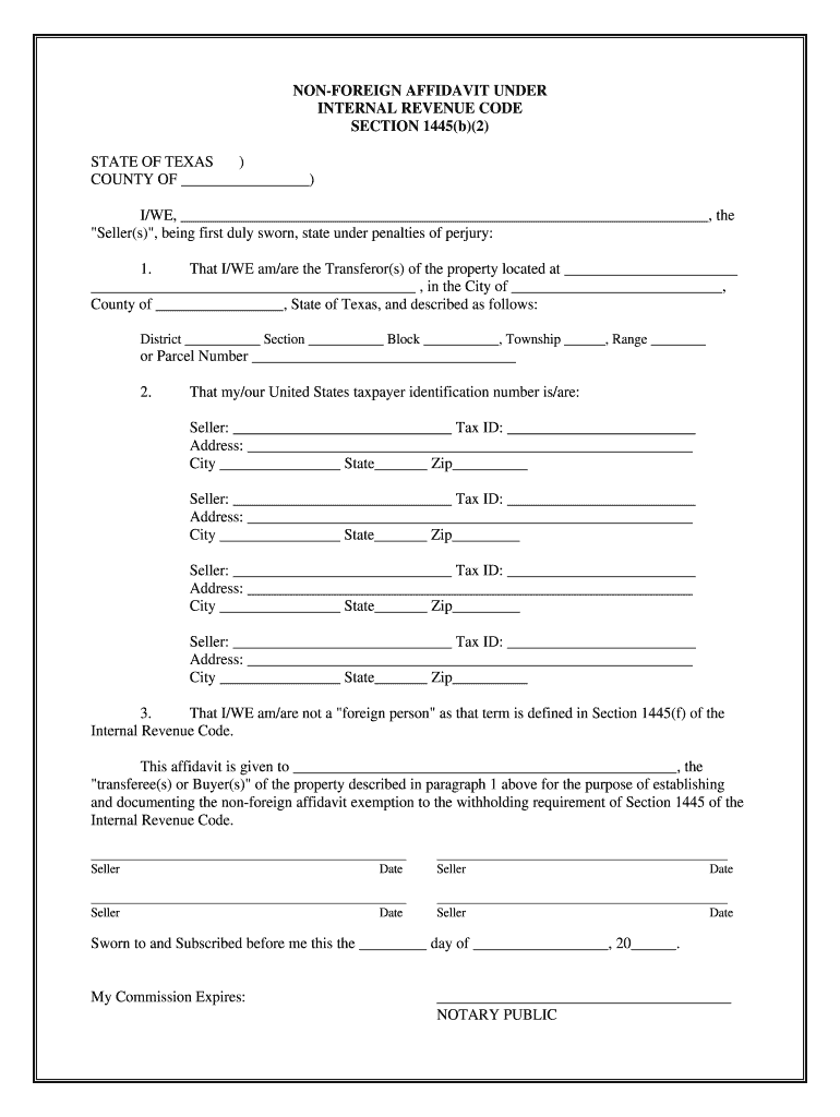 Texas Non Foreign Affidavit under IRC 1445  Form