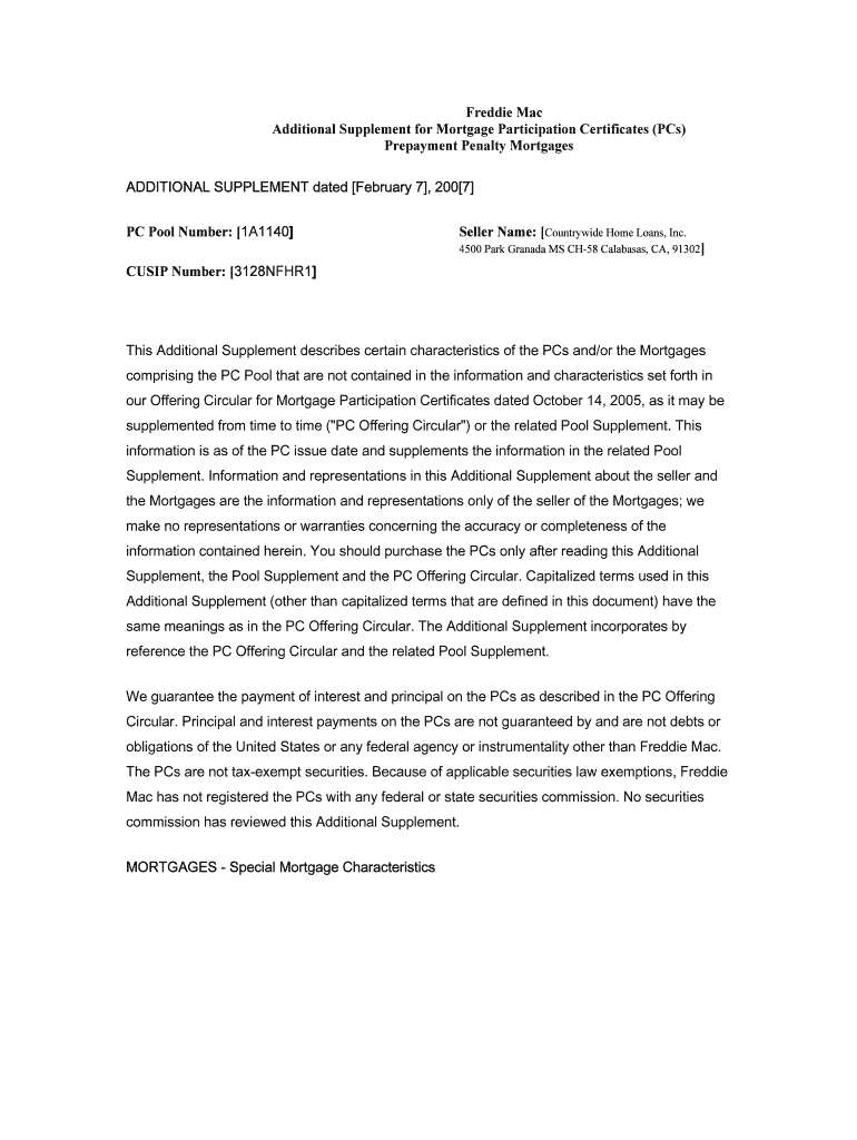 Freddie Mac Additional Supplement for Mortgage Participation Certificates PCs Prepayment Penalty Mortgages ADDITIONAL SUPPLEME  Form