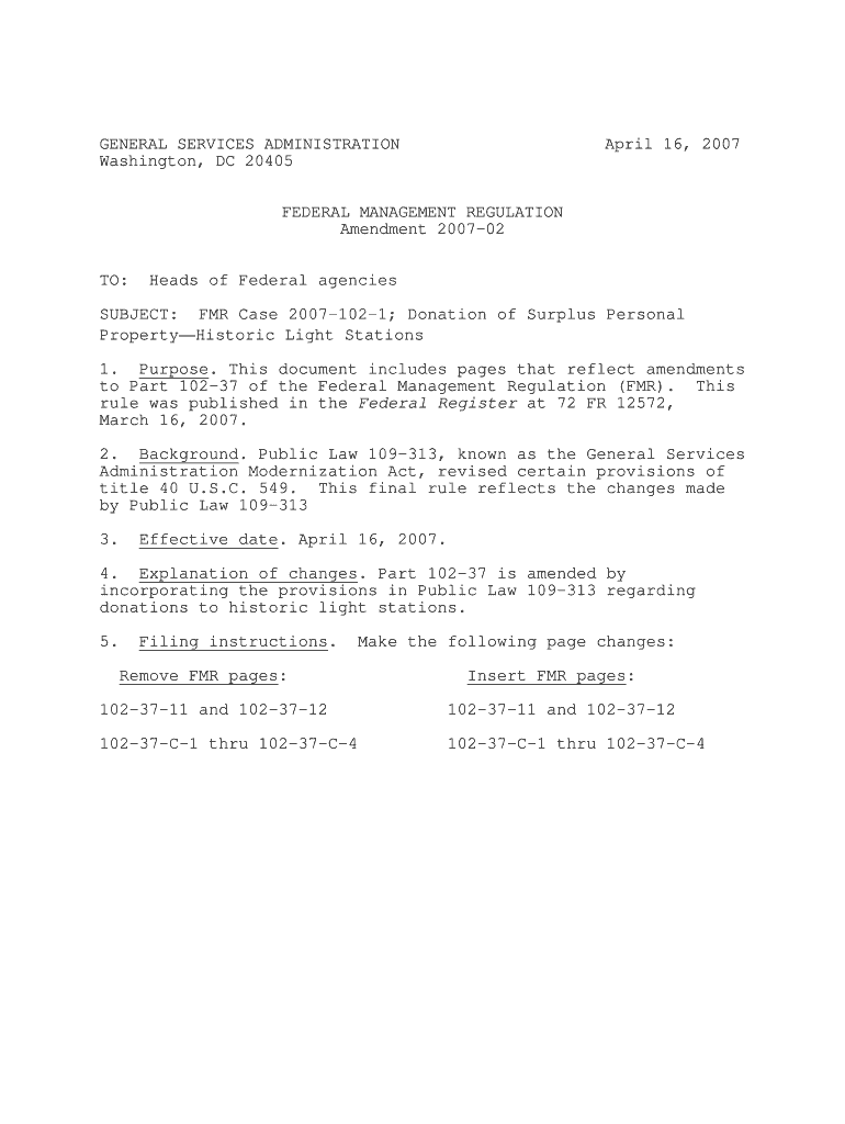 GENERAL SERVICES ADMINISTRATION Washington, DC 20405 FEDERAL MANAGEMENT REGULATION Amendment 02 to Heads of Federal Agencie  Form