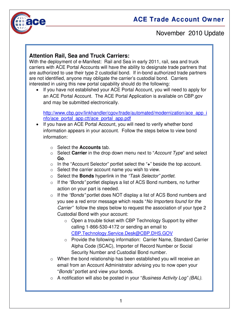 ACE Trade Account Owner November Update  Apps Cbp  Form