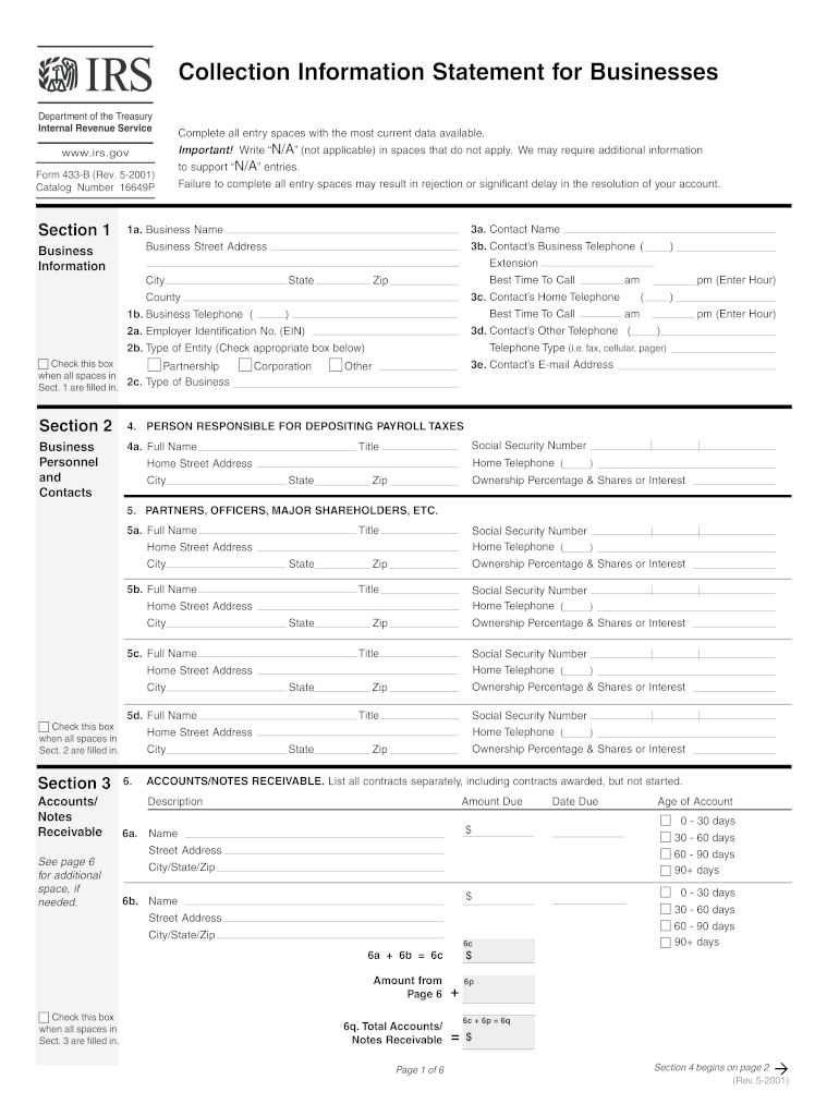  Irs Form 433 B 2001