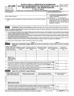 Form 941cPR Rev October  Planilla Para La Correcion De Informatcion Facilitada Anteriormente En Cuplimiento Con La Ley D