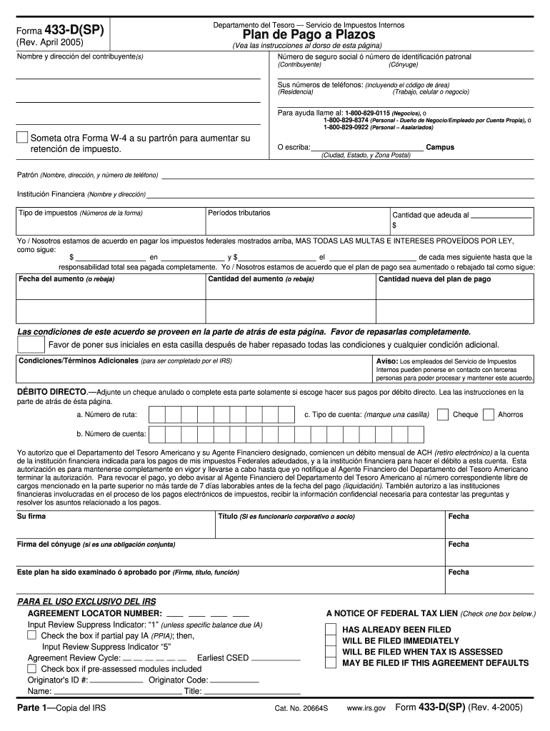  Where to Fax Form 433 D 2005