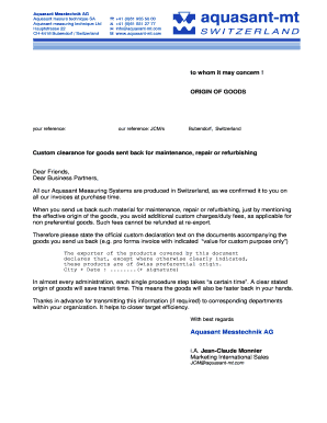 Origin of Goods  for Backshipments  PDF  Aquasant Messtechnik AG  Form