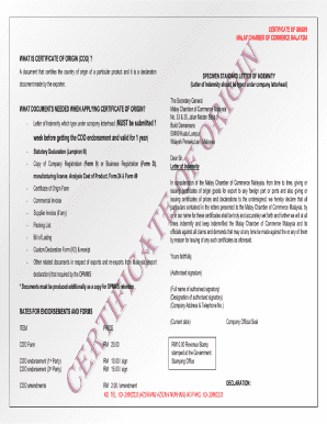 Malay Chamber of Commerce Certificate of Origin  Form