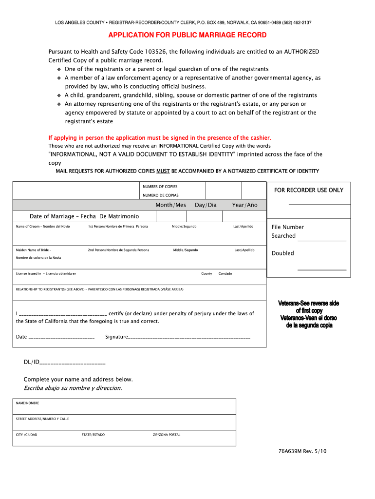 Application for Public Marriage Record Los Angeles Form