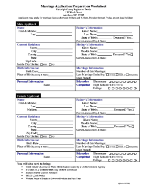 Marriage Application Preparation Worksheet  Form