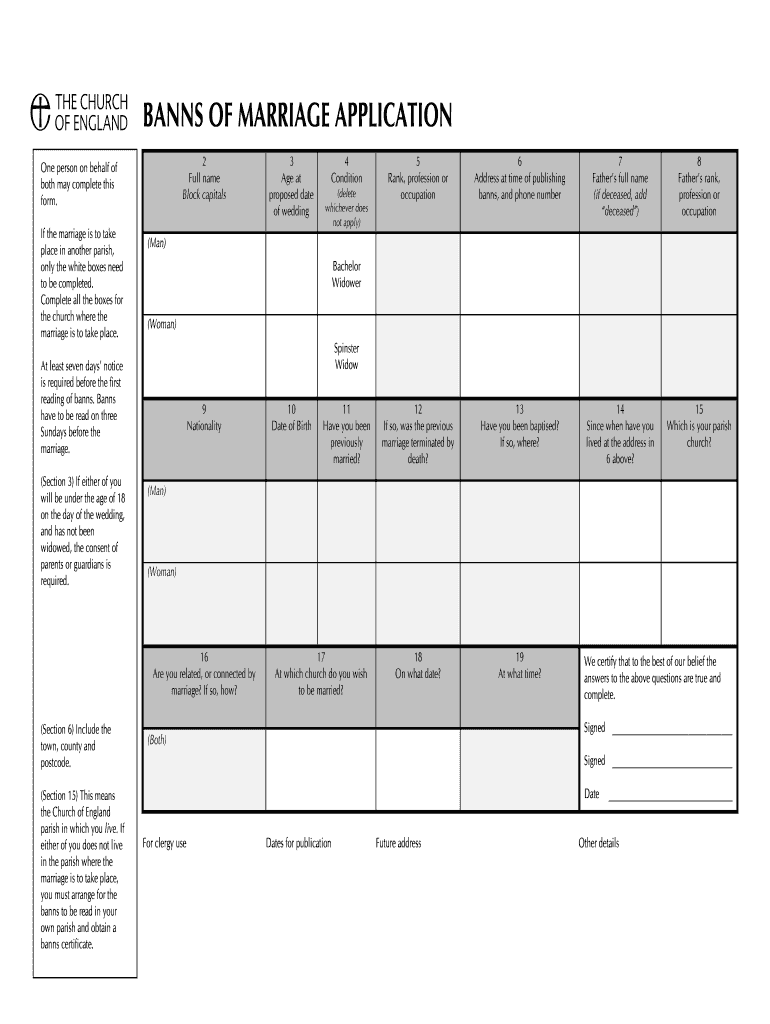 BANNS of MARRIAGE APPLICATION Combertonchurch Co  Form