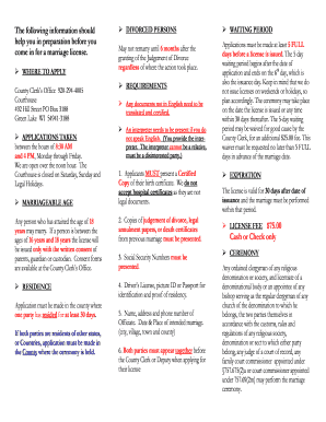 The Following Information Should Help You in Preparation Before You Come in for a Marriage License Co Green Lake Wi