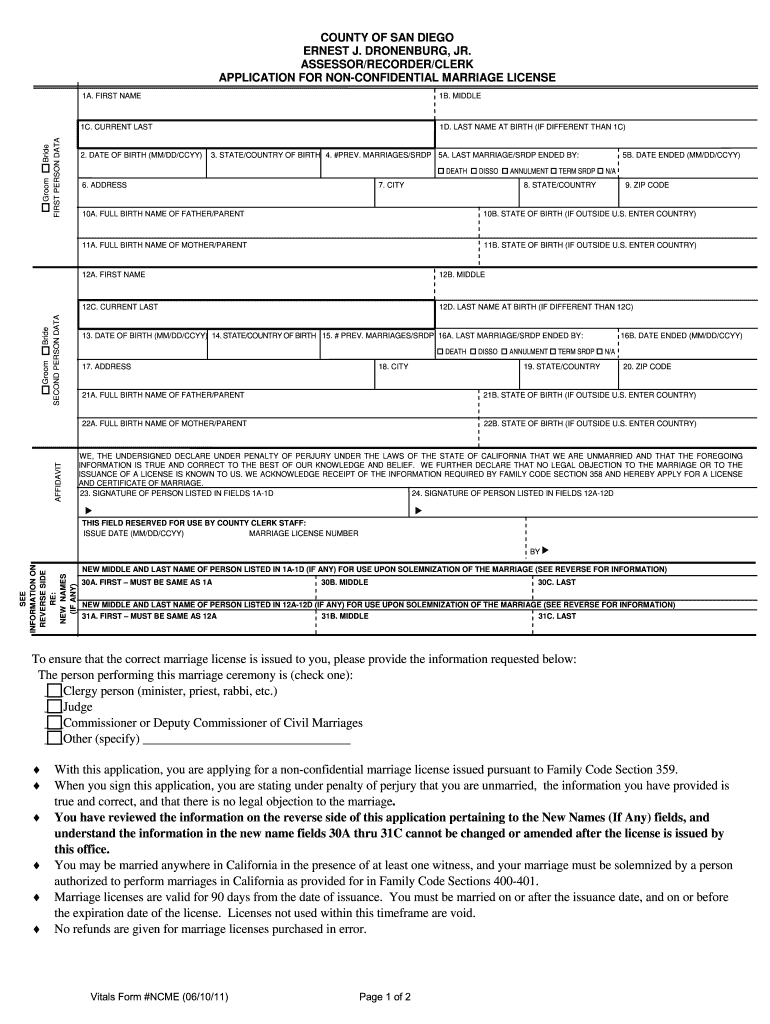 Marriage License California  Form