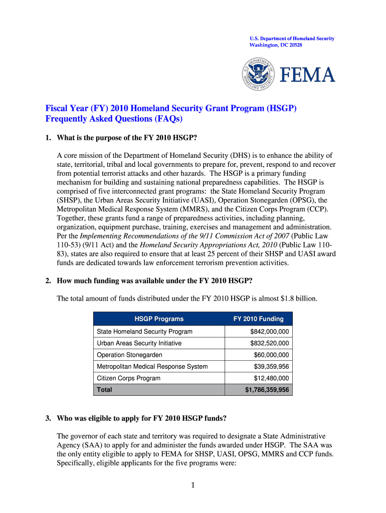 Fiscal Year FY Homeland Security Grant Program HSGP Frequently Asked Questions FAQs Fema  Form