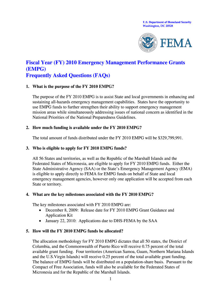 Fiscal Year FY Emergency Management Performance Grants EMPG Frequently Asked Questions FAQs Fema