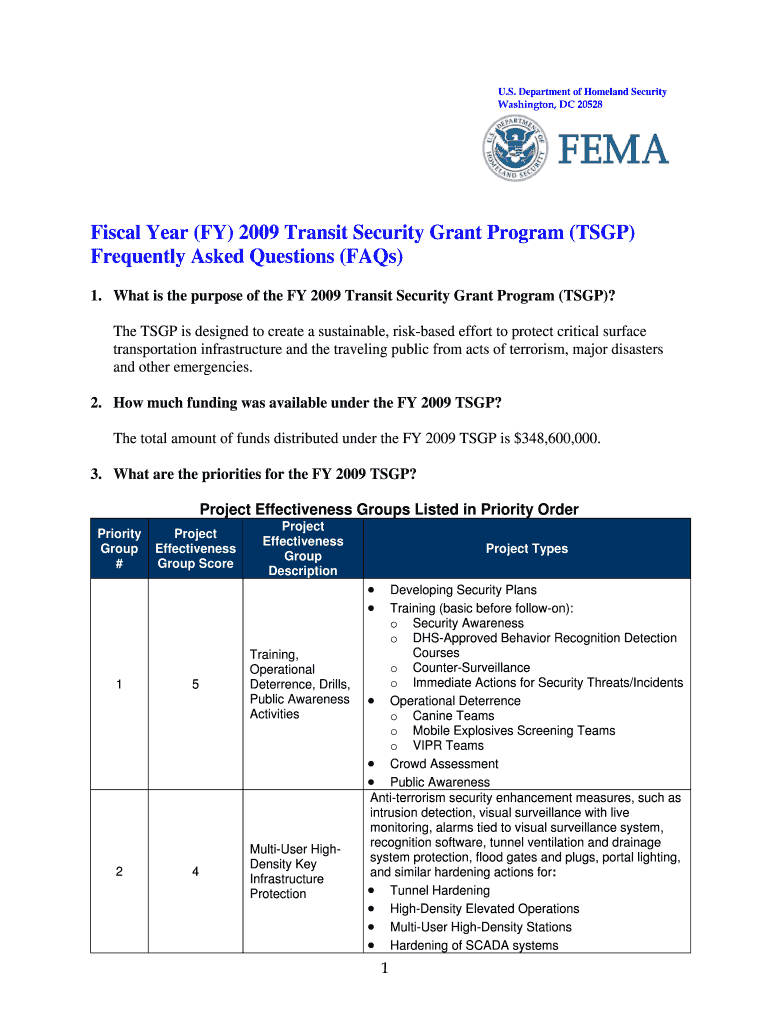 Final Draft FY 09 TSGP FAQs 3 30 09 Mp DOC Fema  Form