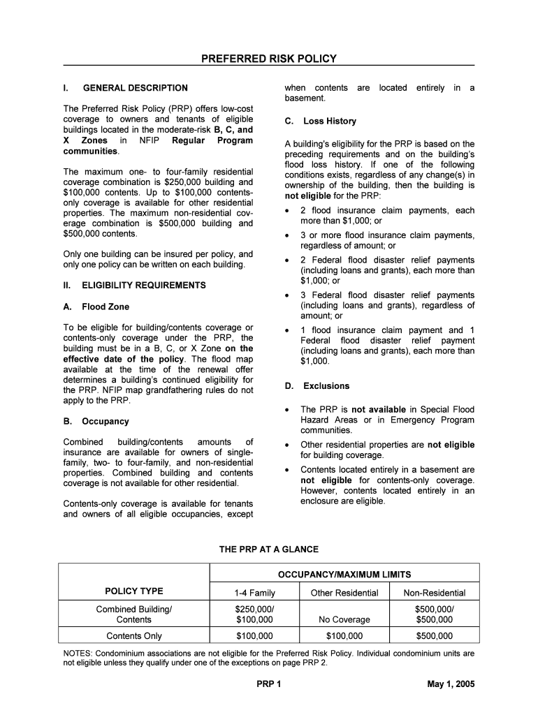 PREFERRED RISK POLICY  Fema  Form