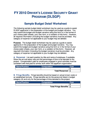 Sample Budget Detail Worksheet FEMA Gov  Form