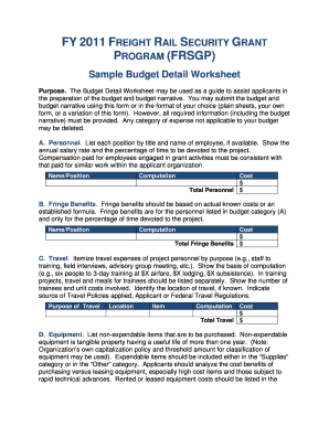 Fy11 Frsgp Sample Budget Detail Worksheet DOC Fema  Form