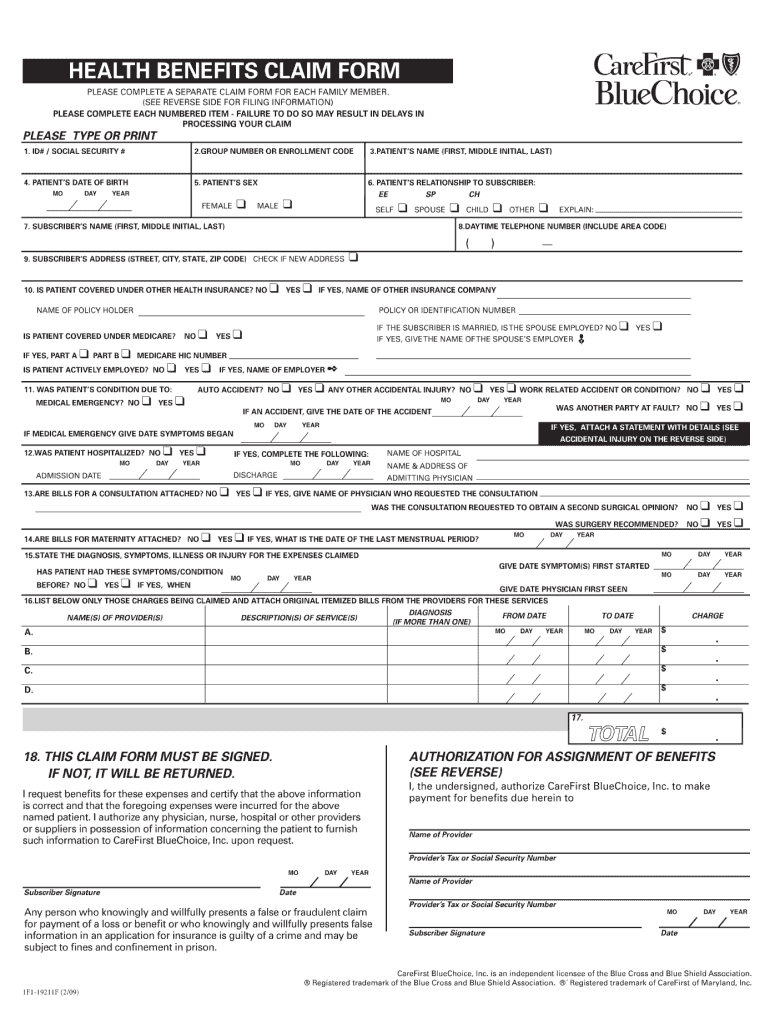  Carefirst Health Benefits Claim Form 2009