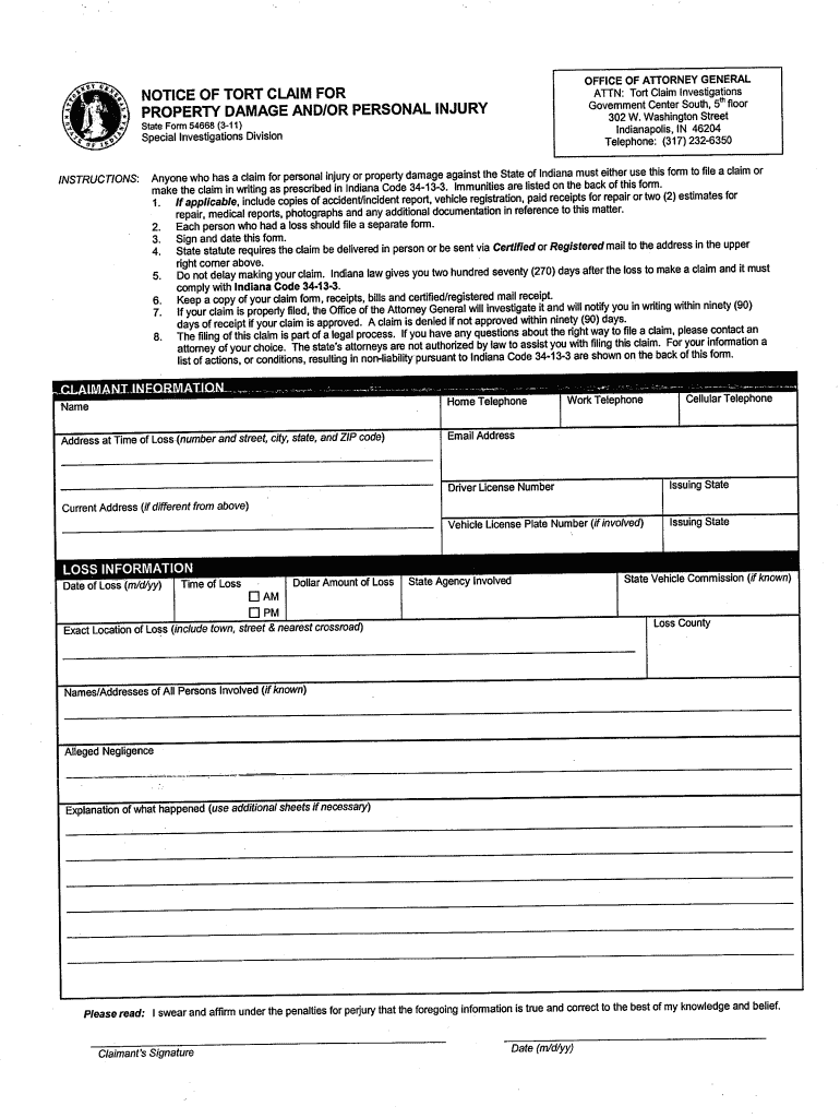 Indiana Fillable Tort Form