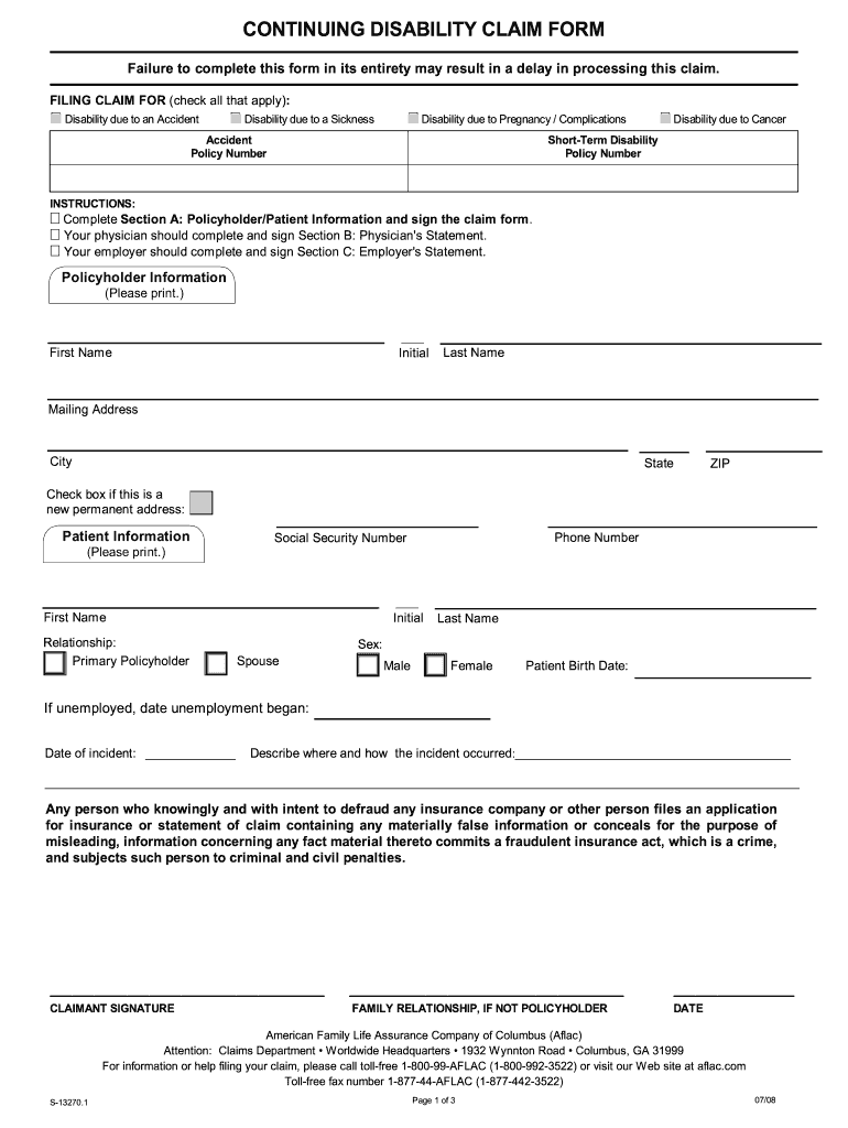  Aflac Continuing Disability Forms 2008