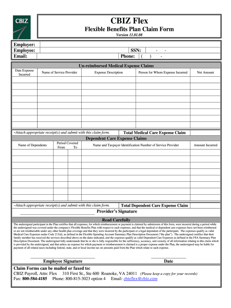  Cbiz Claim Form 2008-2024