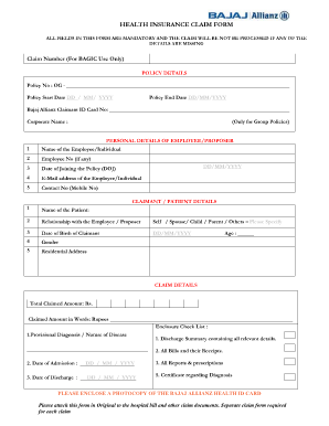 Bajaj Allianz Health Insurance Claim Form Sample