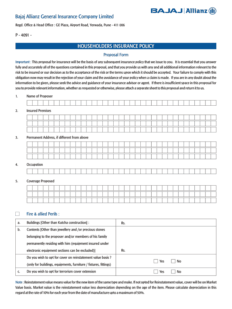 Bajaj Allianz General Insurance Company Limited  Buy Home    Homeinsuranceindia  Form